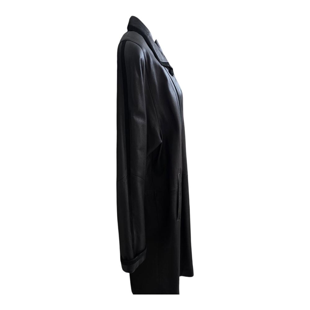 Vintage Y2K Genuine Leather Oversized Trench Coat Mid Length Button Front Sz S - Picture 3 of 9